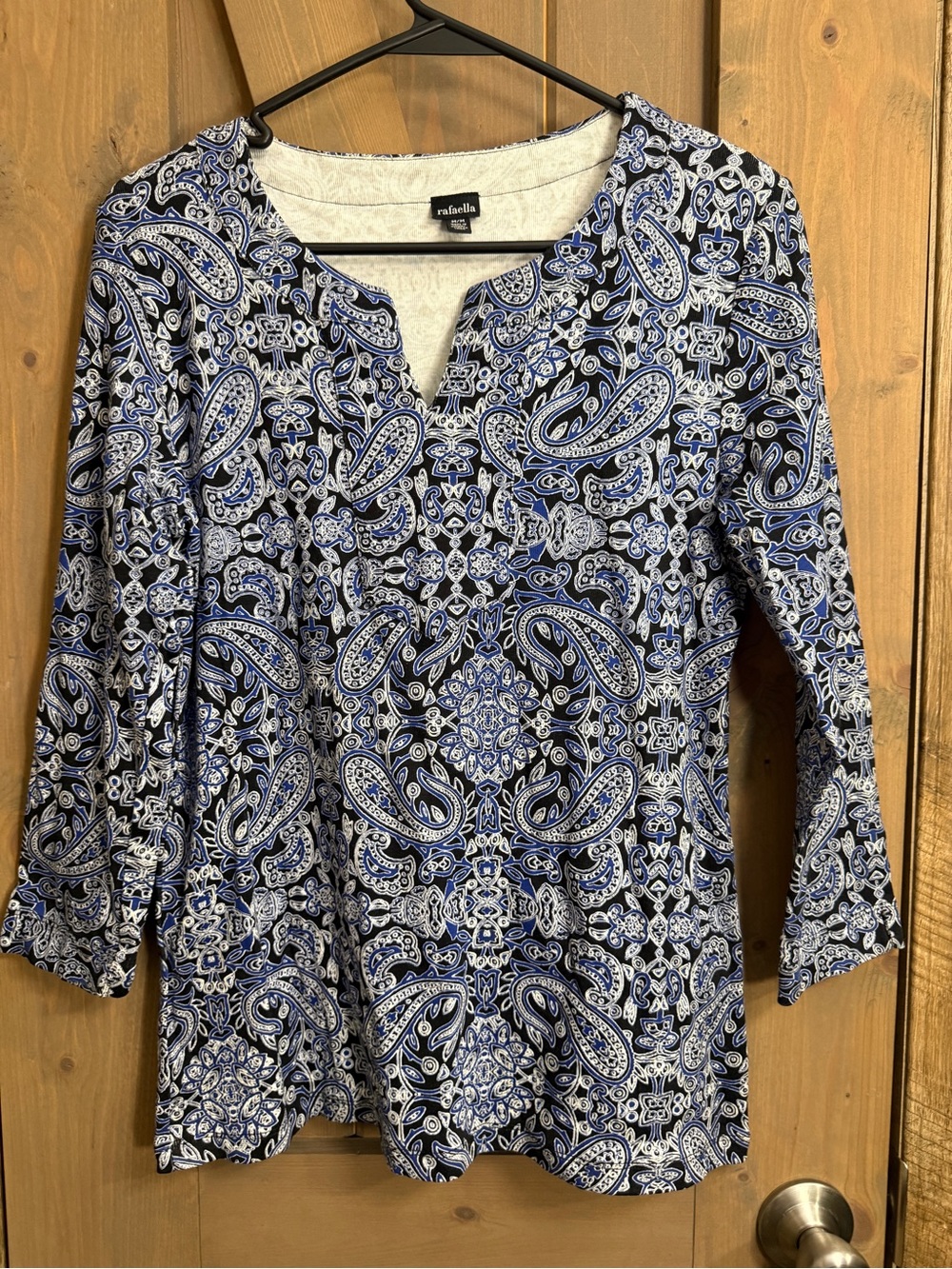 Rafaella Navy and White Paisley Split-Neck Long Sleeve Top